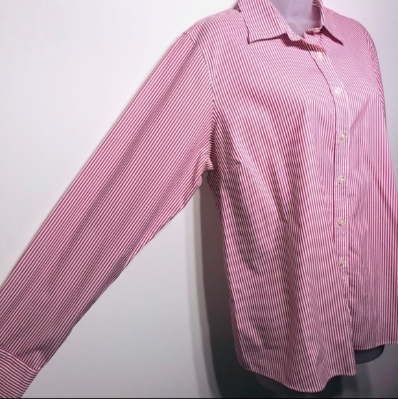 Land's End Red White Stripe Button Shirt No Iron Pinpoint Oxford Women's 8 EUC - Picture 4 of 6